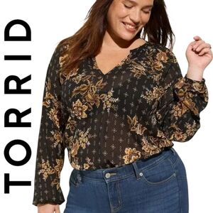 Torrid Crinkle Chiffon Semi Sheer Lurex Peasant Black Yellow Floral Blouse